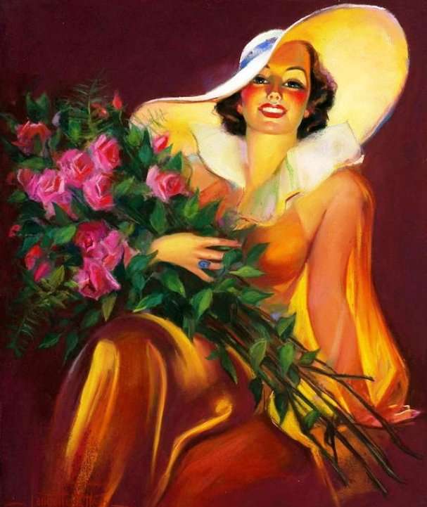 елегантна жінка з букетом квітів пазл онлайн