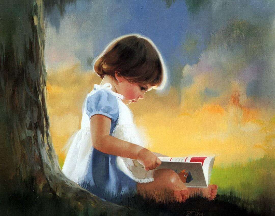 dívka při pohledu na knihu pod stromem skládačky online