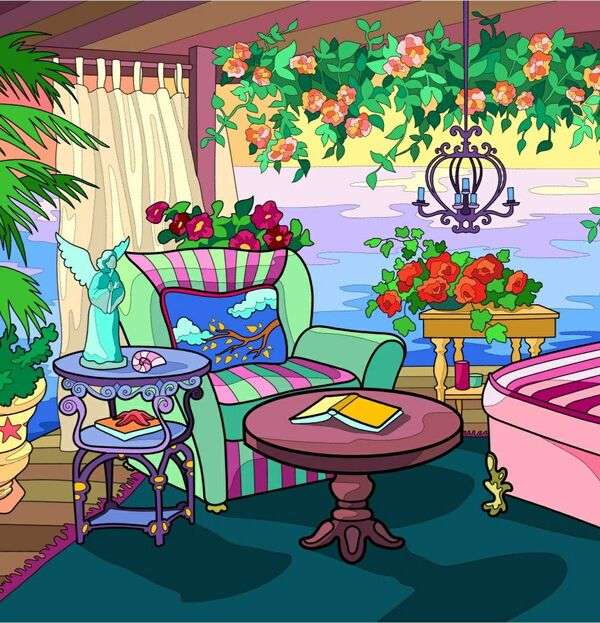 Vardagsrum i ett hus med utsikt över sjön #39 Pussel online