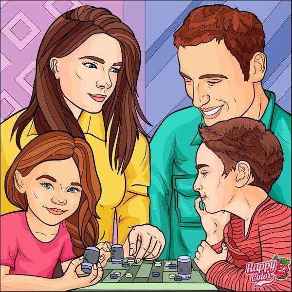 Parents and children play board jigsaw puzzle online