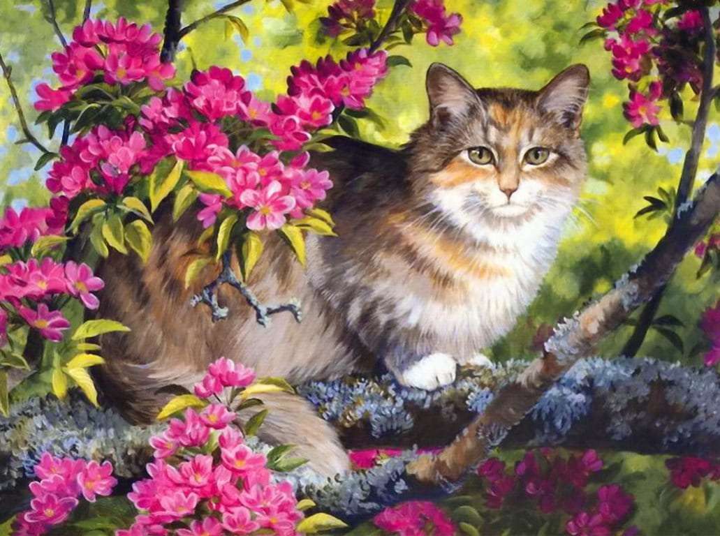 花の咲く木の上の猫 オンラインパズル
