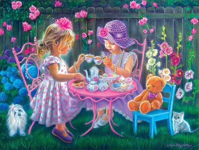 Девушки пьют чай в саду пазл онлайн