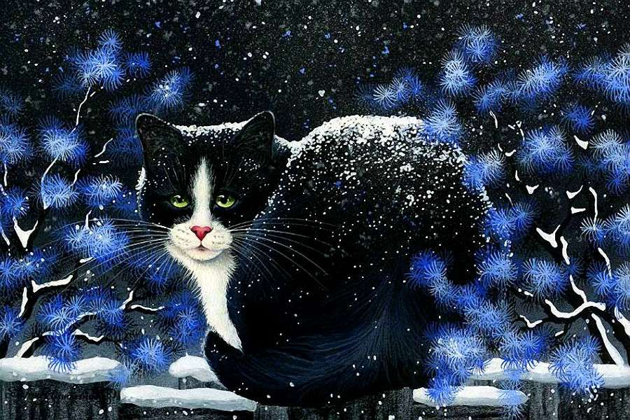 chat noir sous la neige puzzle en ligne