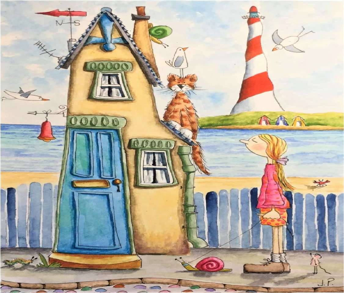 Cat by the sea and fisherman's hut jigsaw puzzle online