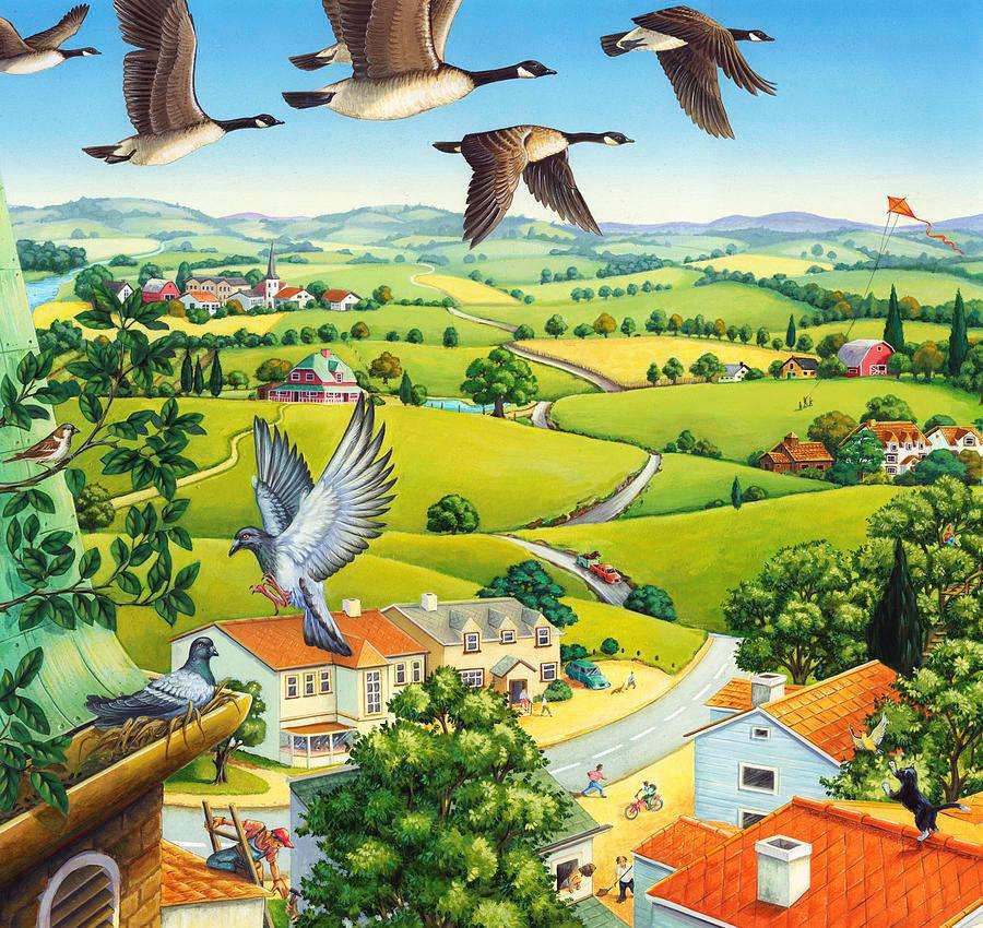 canards volant au-dessus des maisons puzzle en ligne