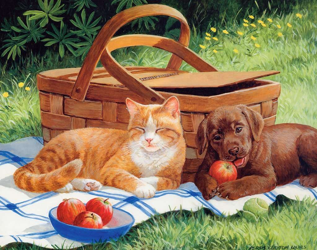 kattunge och valp med picknickkorg pussel på nätet