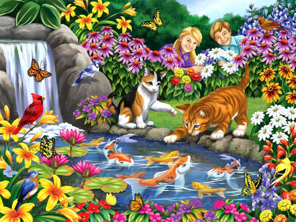 gatinhos observando peixes na lagoa puzzle online