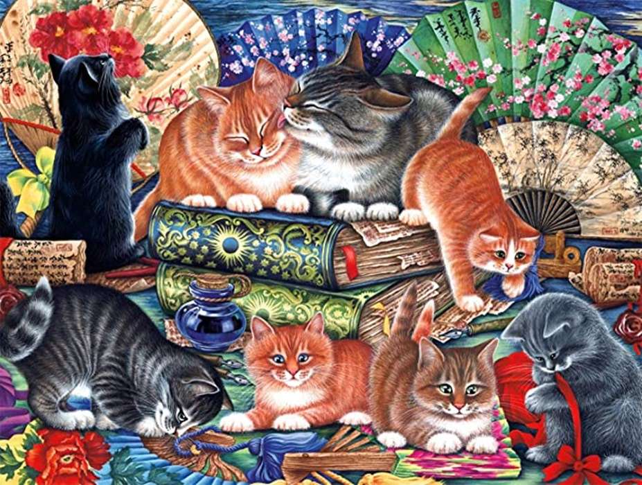 kočky mezi knihami a fanoušky online puzzle