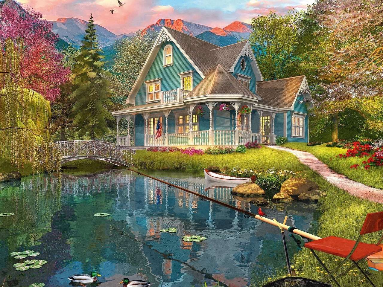 Cottage in the mountains by the pond jigsaw puzzle online