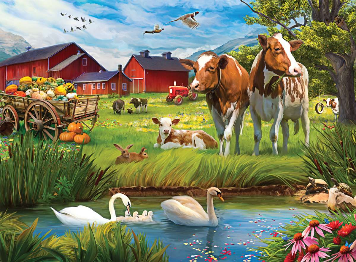 krávy u rybníka s labutěmi skládačky online