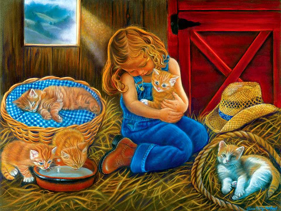 Маленькая девочка с котятами онлайн-пазл