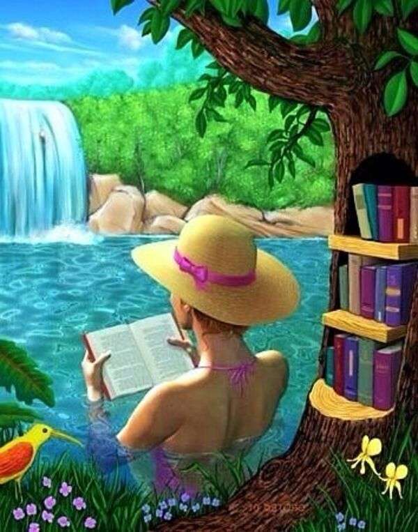 Дама читає біля річки пазл онлайн
