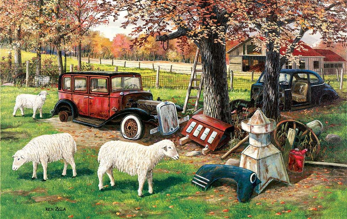 moutons avec de vieilles voitures puzzle en ligne
