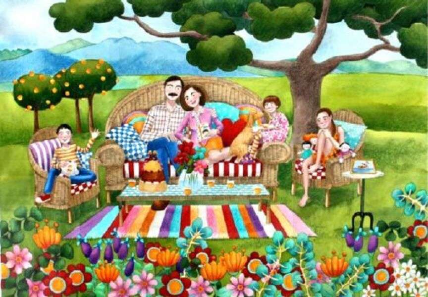 Familie im Garten versammelt Puzzlespiel online