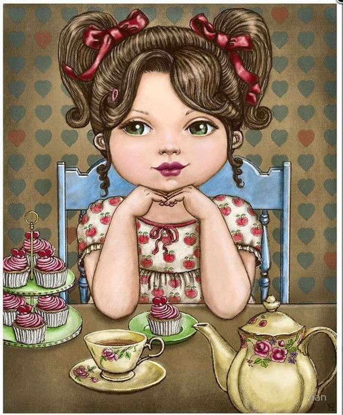 klein meisje met bogen thee drinken online puzzel