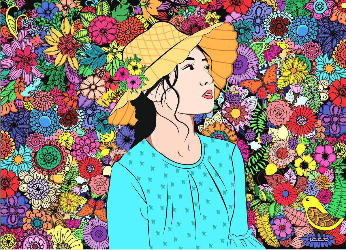 dívka v modrém s květinovým pozadím skládačky online
