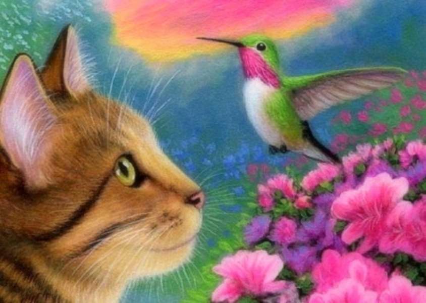 Kattunge tittar på en kolibri #88 pussel på nätet