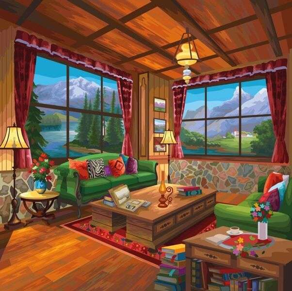 Σαλόνι ενός σπιτιού με θέα στη λίμνη #48 παζλ online