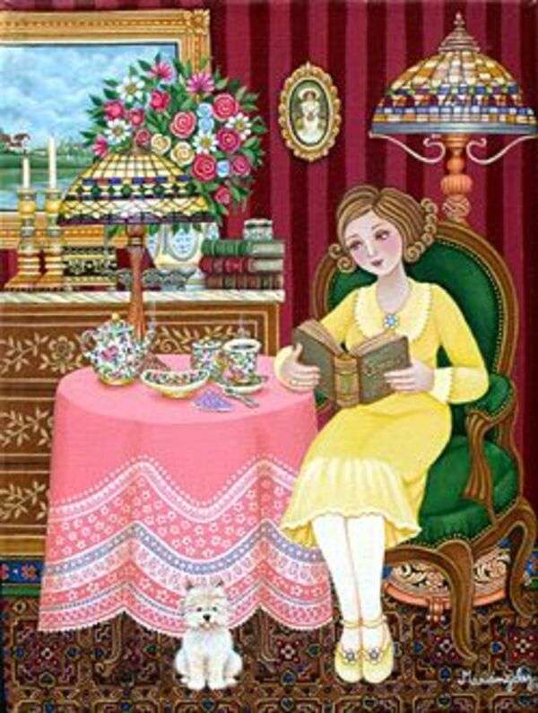Hölgy olvas és teát iszik kirakós online