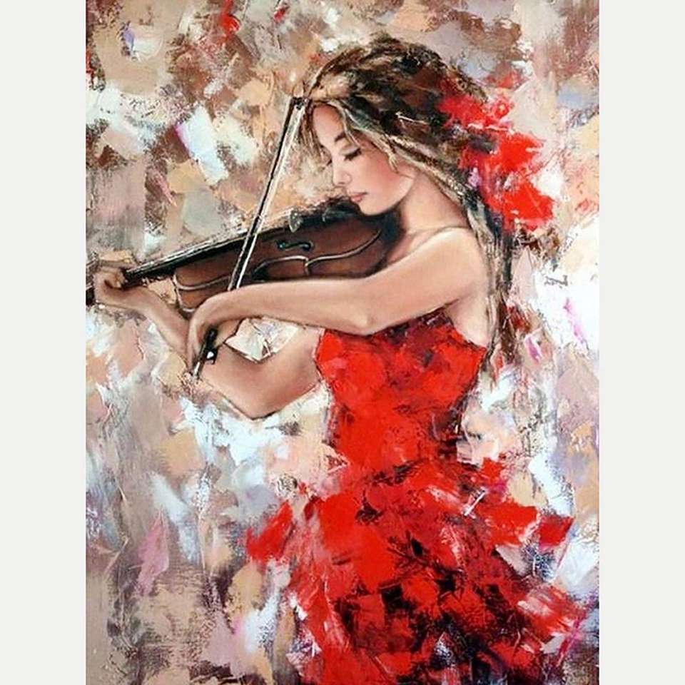 menina de vermelho tocando violino quebra-cabeças online