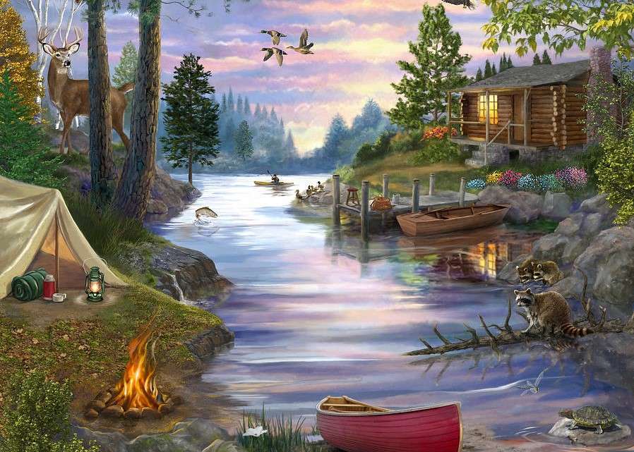 Casă și cort lângă râu jigsaw puzzle online