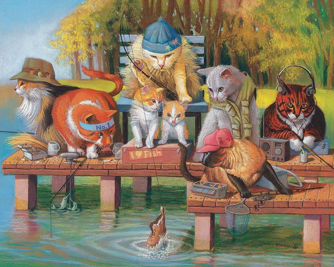 Pisici care se relaxează lângă apă - pescuiesc jigsaw puzzle online