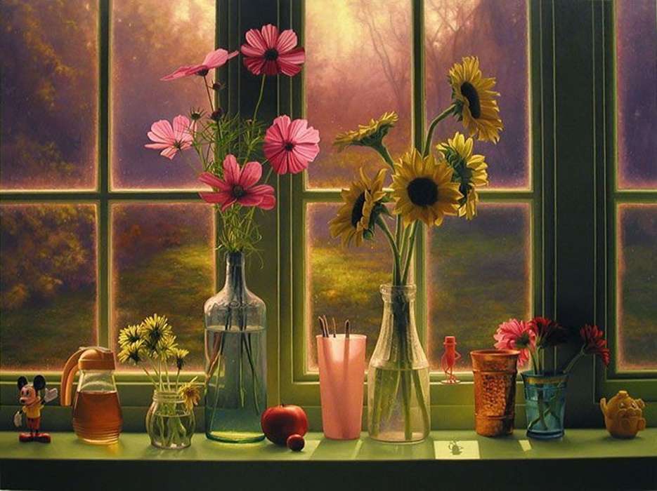 квіткові вази біля вікна онлайн пазл
