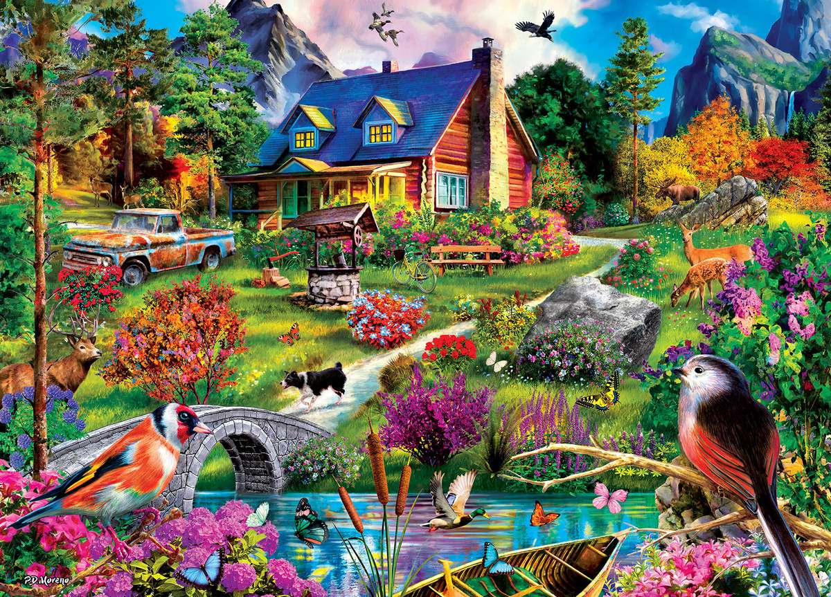maison forestière au toit bleu puzzle en ligne