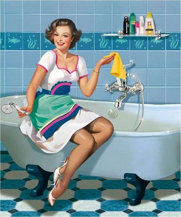Femme au foyer nettoyant la baignoire puzzle en ligne