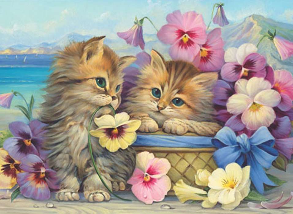 kattungar bland blommor pussel på nätet