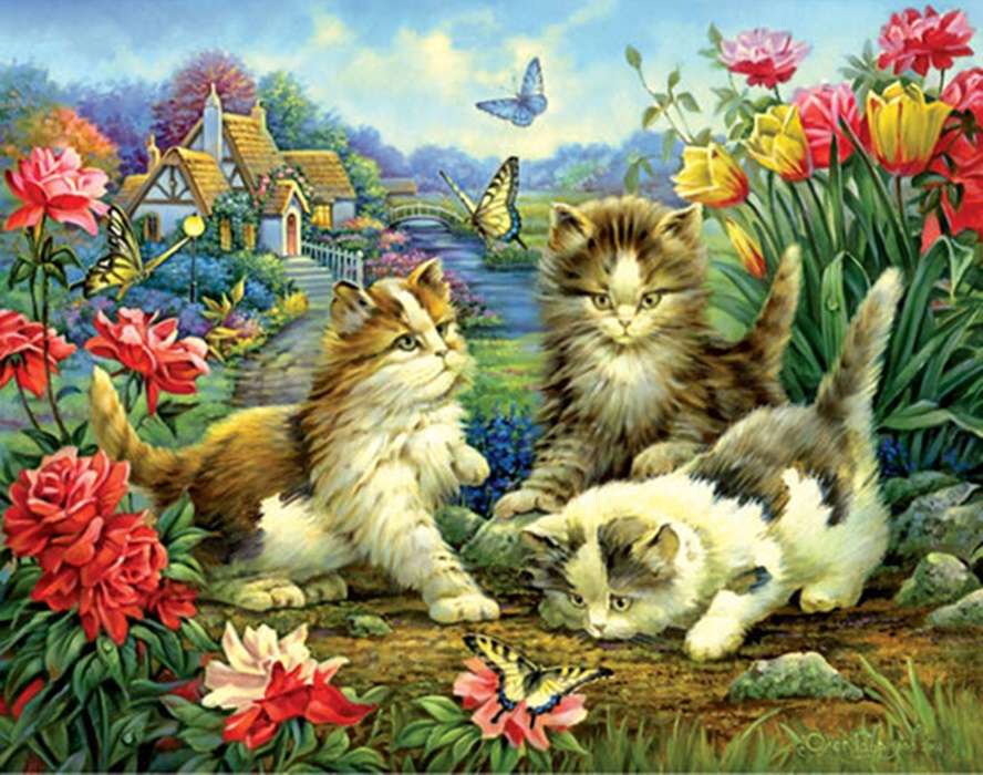 tres gatitos en el jardín rompecabezas en línea