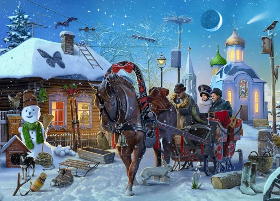 carriage ride in snowy town jigsaw puzzle online