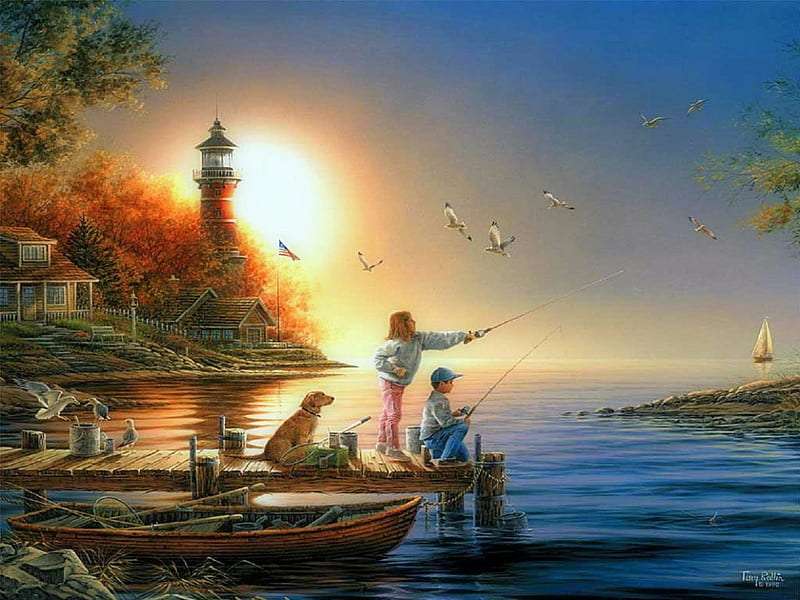 barn som fiskar vid soluppgången pussel på nätet