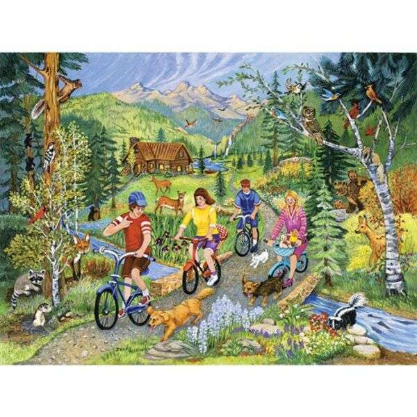 Amigos pedalando pela floresta puzzle online