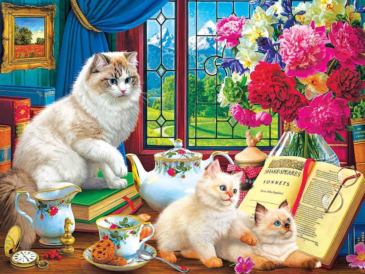 gattini alla finestra con la loro mamma puzzle online