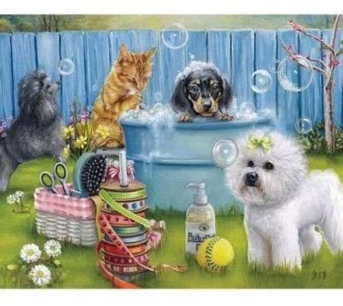 Pups spelen met water in de tuin #109 legpuzzel online