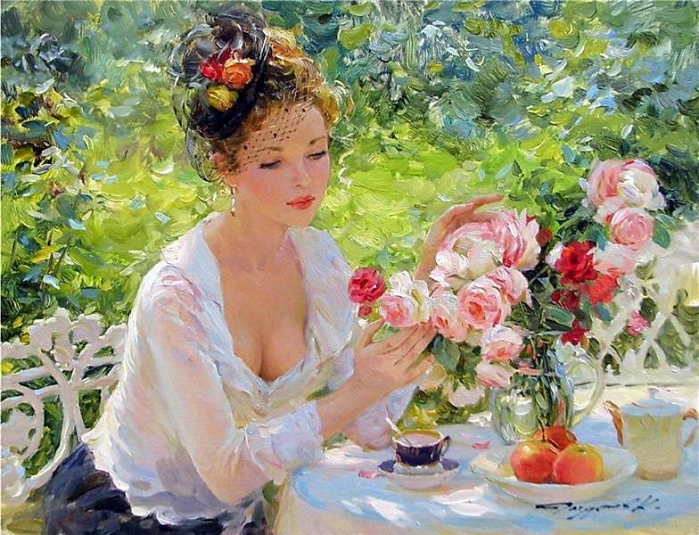 pintura de senhora com vaso bebendo chá puzzle online