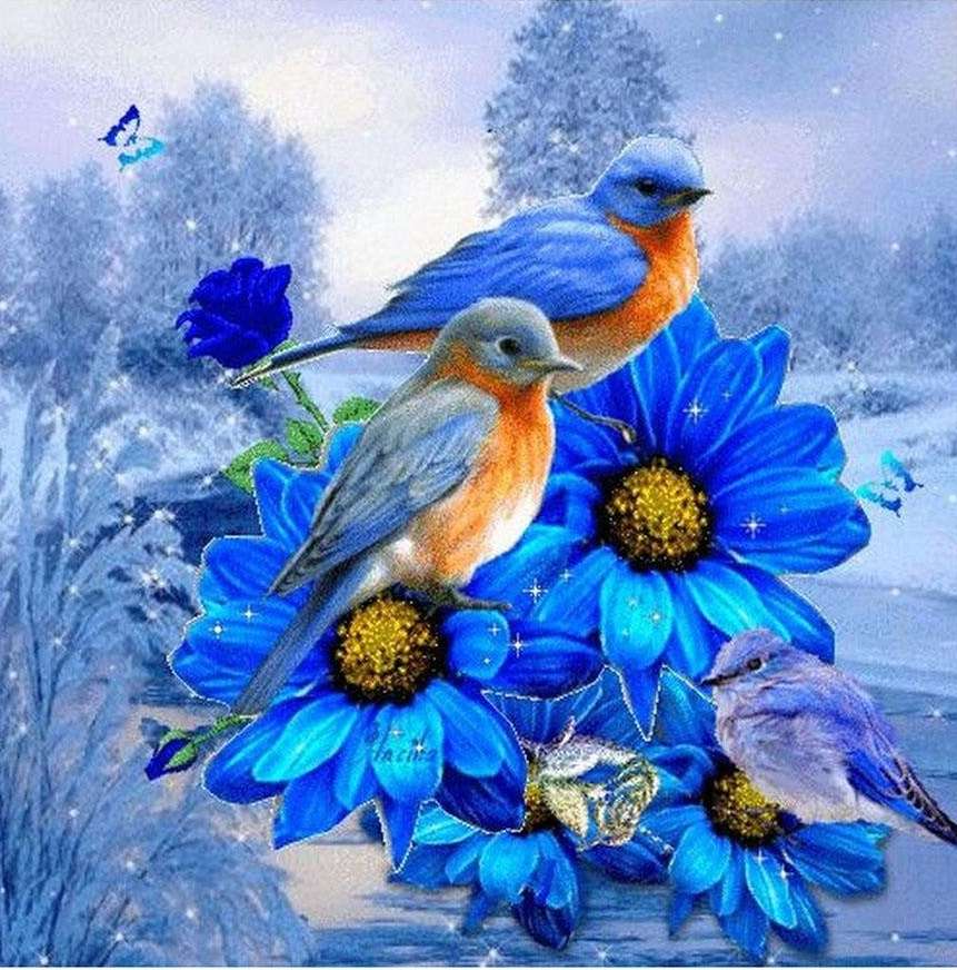малки птички в сини цветя онлайн пъзел