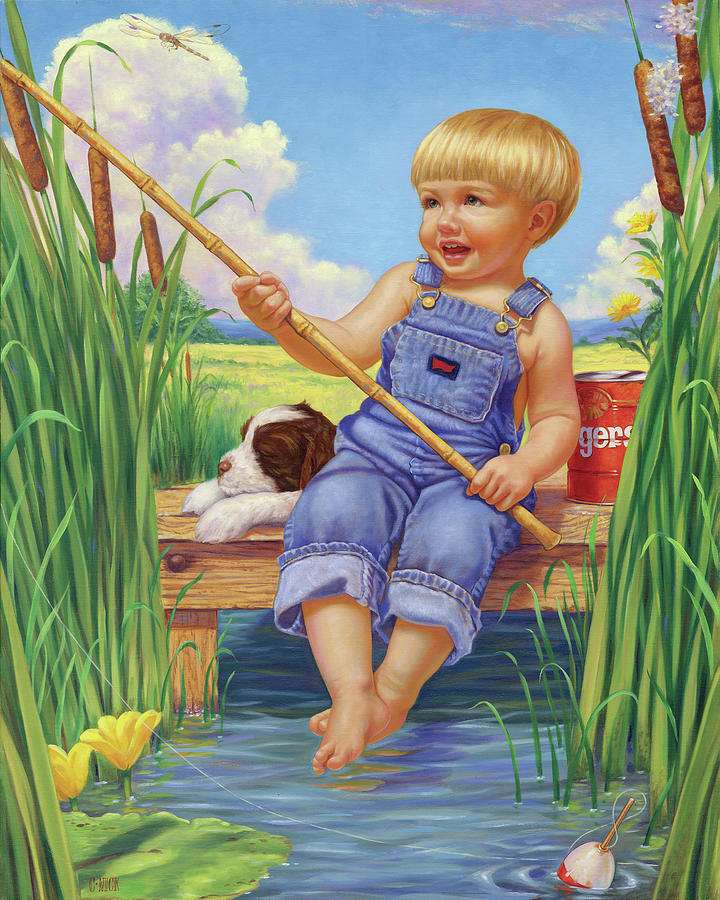 liten pojke som fiskar med sin valp pussel på nätet