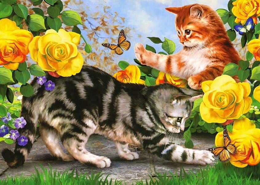 I gattini giocano con le farfalle puzzle online