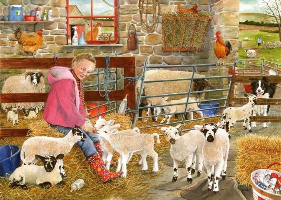 дівчина в стайні з вівцями онлайн пазл