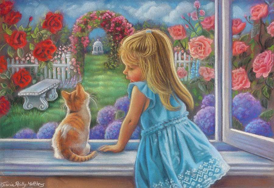 Μικρό κορίτσι με το γατάκι στο παράθυρο online παζλ