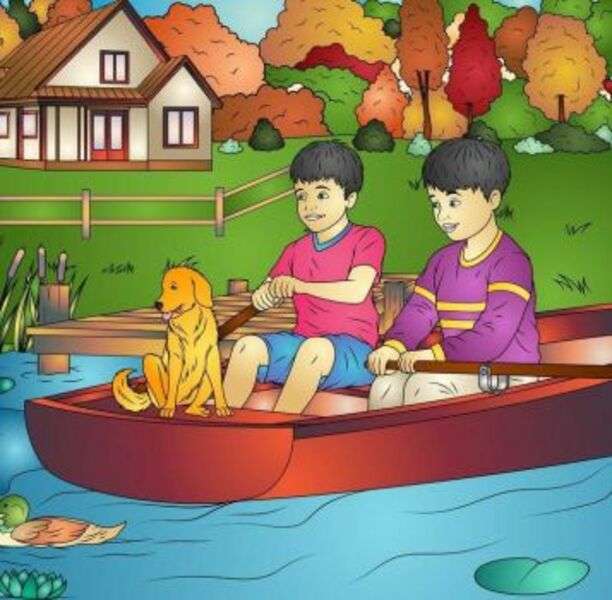 Деца в лодка с домашен любимец онлайн пъзел