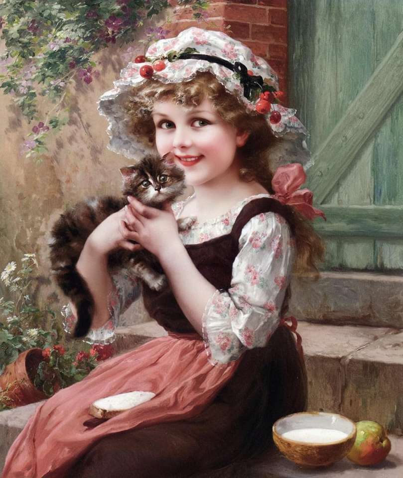 маленькая девочка с котенком онлайн-пазл