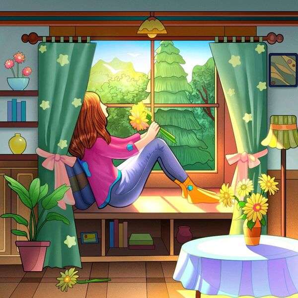 Meisje kijkt uit het raam legpuzzel online