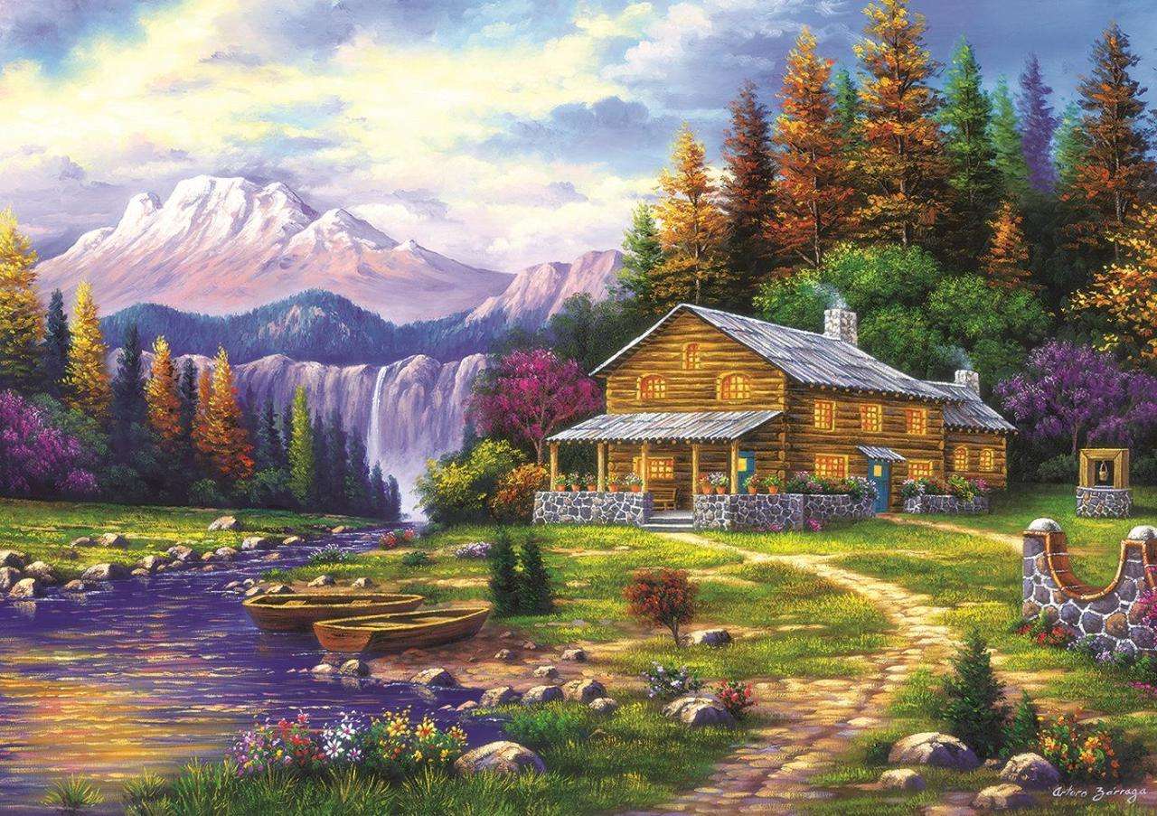 A house with a small river in a valley jigsaw puzzle online