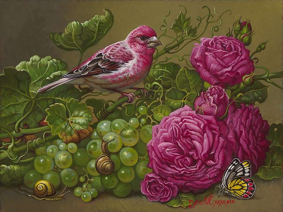 vogeltje tussen druiven en roze bloemen legpuzzel online