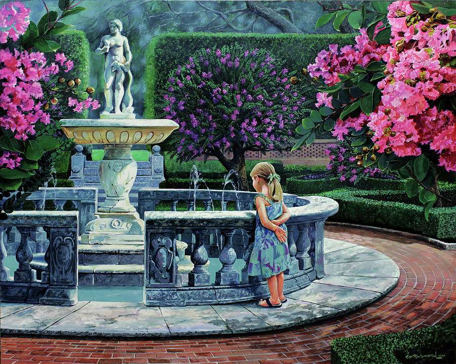 girl looking at a fountain jigsaw puzzle online