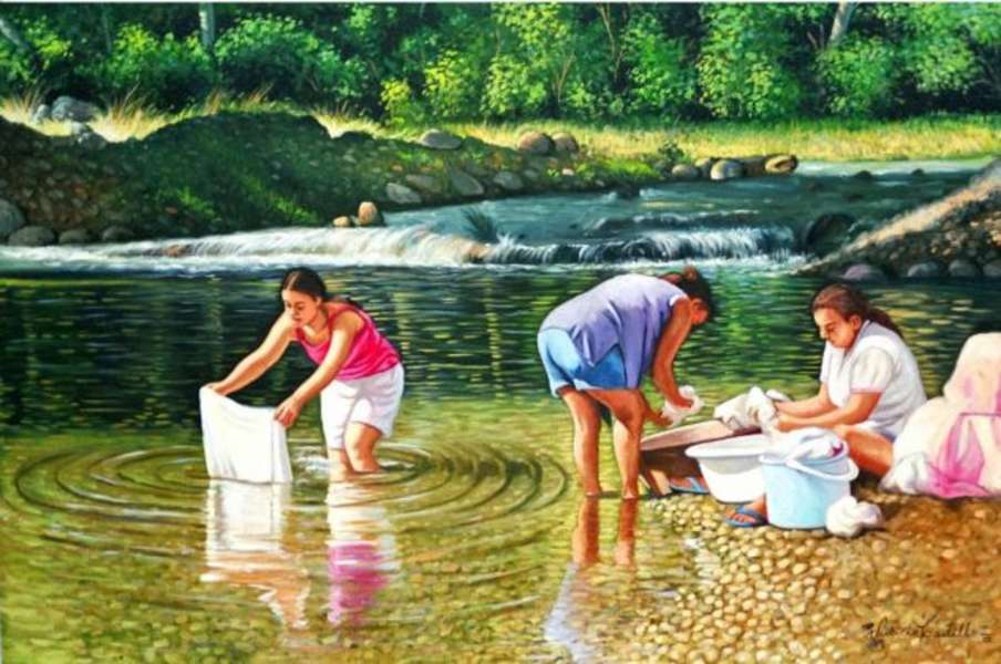 Damer som tvättar i floden Pussel online