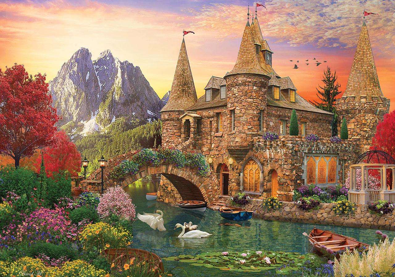 Burg am Fluss in den Bergen Online-Puzzle